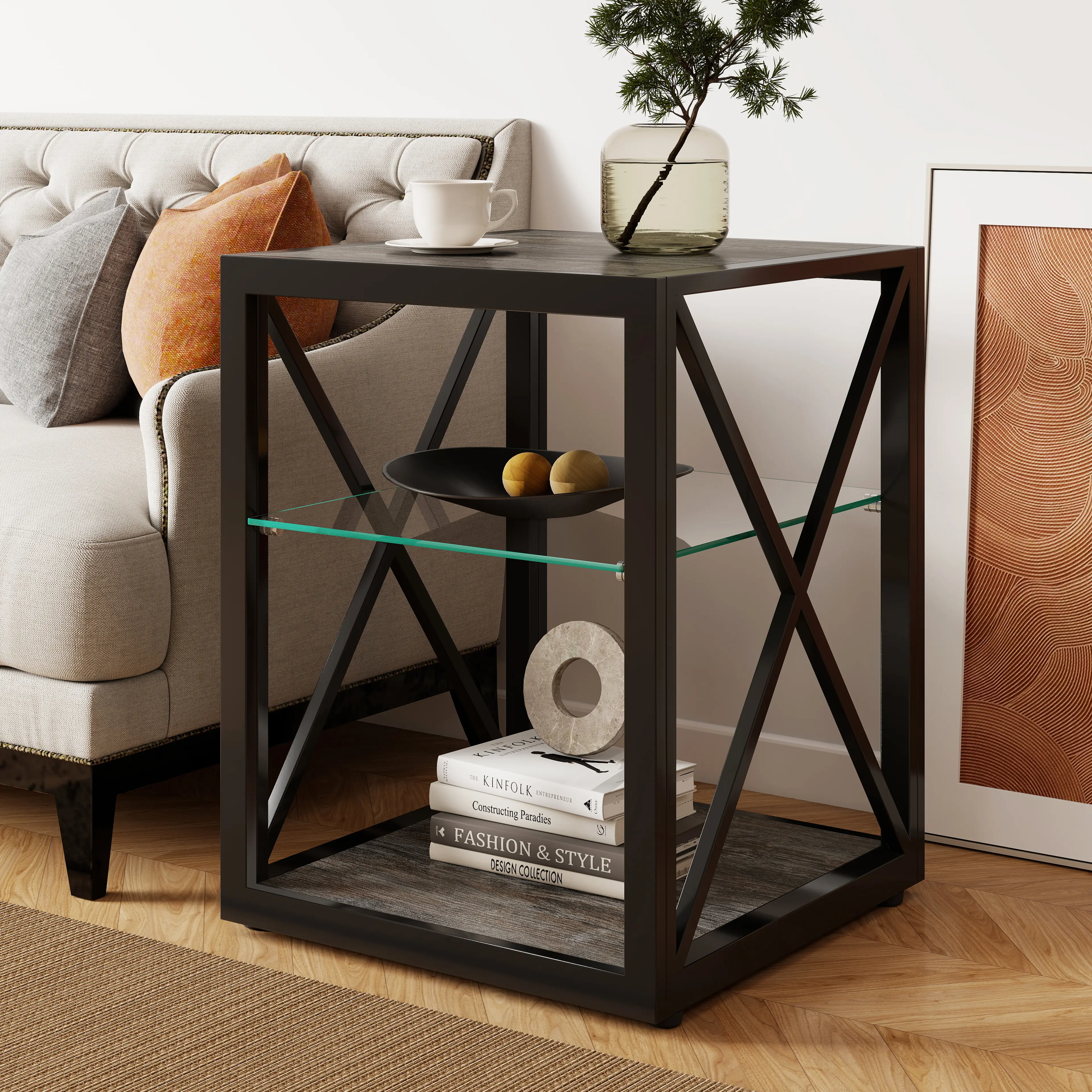 Midcentury Modern Metal & Glass Bedside Table with X-Frame Legs, Tempered Glass-MDF Top, 3-Tier Shelf Storage, 17.72"l×17.72"w×21.07"h Apartment Size, 110 lbs Capacity, Easy Setup, Industrial Chic Nightstand for Bedroom, Sturdy Base, Assembly Required