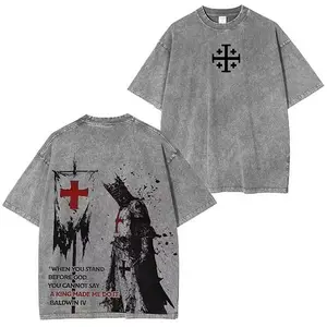 Vintage Washed Gray Grunge Streetwear T-Shirt with Jerusalem Cross Logo, Crusader Knight & Red Banner Back Print, Baldwin IV Quote, Oversized Medieval Faith Aesthetic Unisex Tee