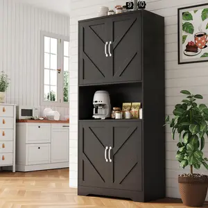 YJ-Garvee 70" Kitchen Pantry Storage Cabinet in Farmhouse Style with 4 Doors, Adjustable Shelves (2 or 3), Freestanding Design, Microwave Stand Option,  for Kitchen, Dining, and Living Rooms