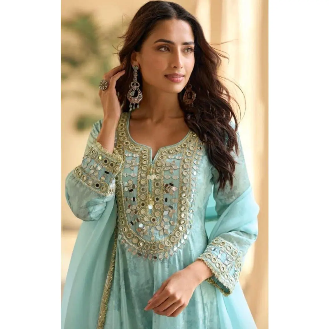 Women's Mirror Work Simar Silk Clothes Set - Stitched Fabric, Embroidered Dupatta, Party-Wear Outfit