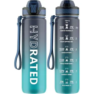 32oz Motivational Water Bottle with Time Marker & Straw, 1L Tritan BPA Free Sports Water Bottles, Leakproof Water Bottle with Carry Strap for Women Gym, Fitness, Workout & Outdoor Activities