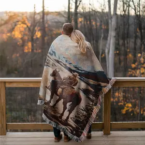 Multi Purpose Yarn Woven Outdoor Camping Blanket with Fringe -Cowboy Pattern, Thick Breathable, Colorfast, Use for Garden, Hiking,Travel, Lawns, or Concerts. As Home Decor, Use for Cozy Throw Blanket, Sofa Towel, Tablecloth, Tapestry, Office Nap