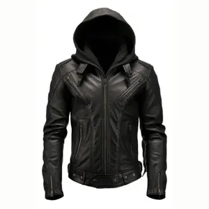 Men's Black Hooded Biker Leather Jacket