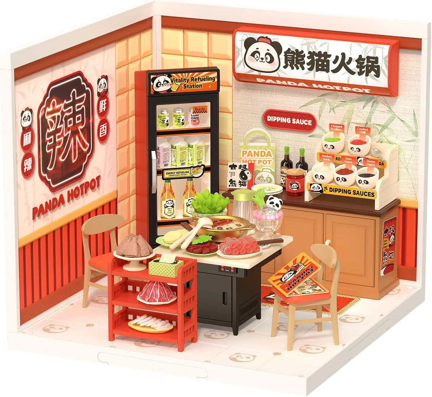Rolife Super Creator DIY Miniature Plastic House Building Set Playset, Suitable for Mini Figures Construction Toys Diorama Kit Gifts (DW020 Panda Hot Pot)