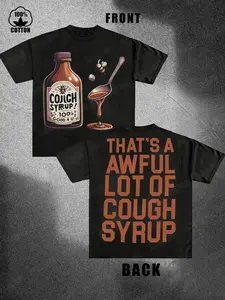 Men's 230g Pure Cotton T-Shirt - Humorous Cough Syrup Graphic Print, Loose Fit Round Neck Short Sleeve Casual Tee for Spring/Autumn, Machine Washable
