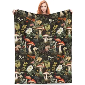 Mushroom Blanket Gifts Floral Weed Flannel Throw Blankets for Home Decor Couch Bed Sofa Soft Fuzzy Lightweight for All Season 60x50 Inches, Printed on One Side with a Plain White Back, Halloween Thanksgiving Christmas Gift