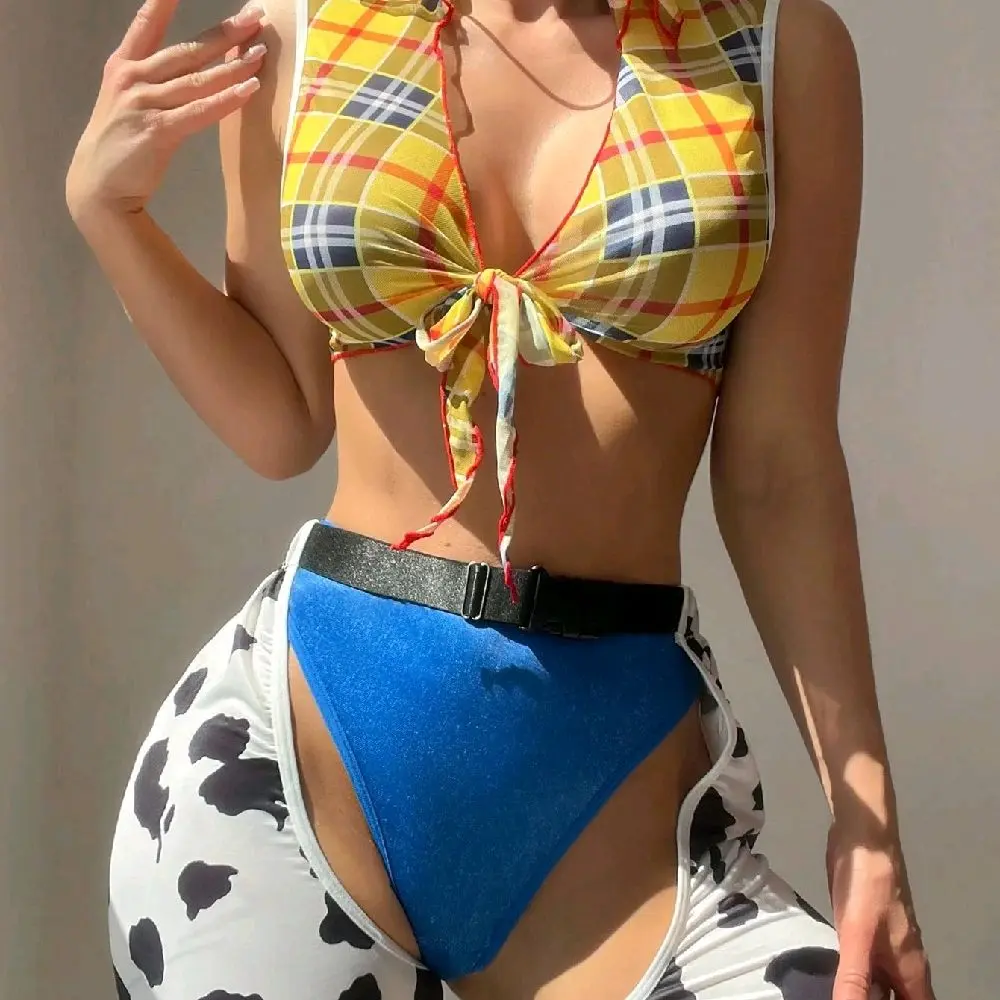Woody Sexy Cowgirl Costume For Women, Set Of 3 Pieces: Plaid Cow Print Sleeveless Top And Leg Garters Costumes & Accessories Fit Outfit Womenswear