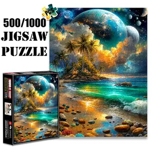 1pc 1000 piece adult puzzle 70x50cm Beach Island with Palm Trees under Cosmic Sky500 pieces of paper jigsaw puzzle, suitable for adults and families, large-scale DIY puzzle interactive toy games,