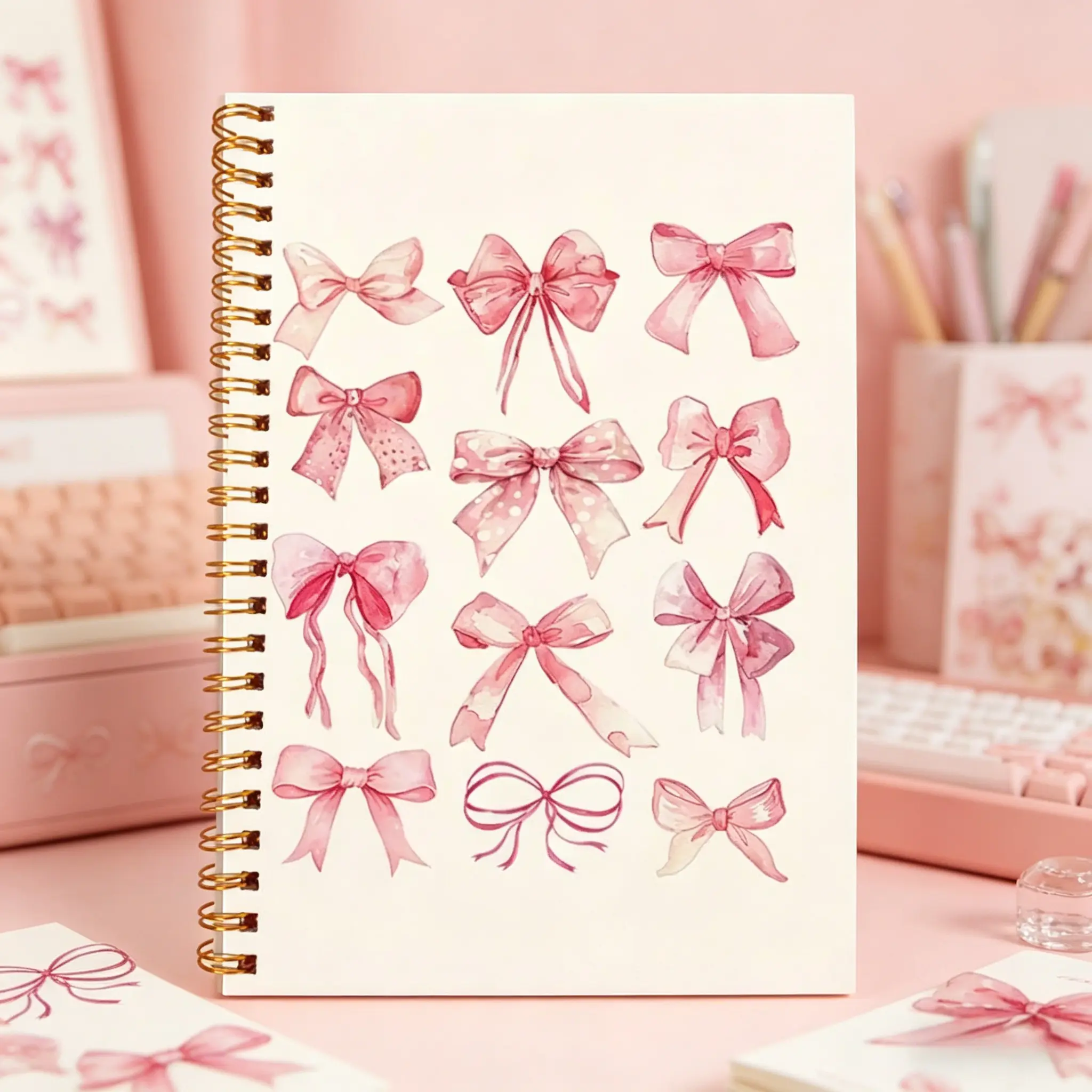 Pink Bow Rectangular Spiral-Bound Writing Notebook - A5 (5.5 x 8.3 inches), 50 Pages, Compact & Easy to Carry, Cute Preppy Kawaii Soft Girl Bullet Journal Pad, Office Supplies, School Journaling Supplies