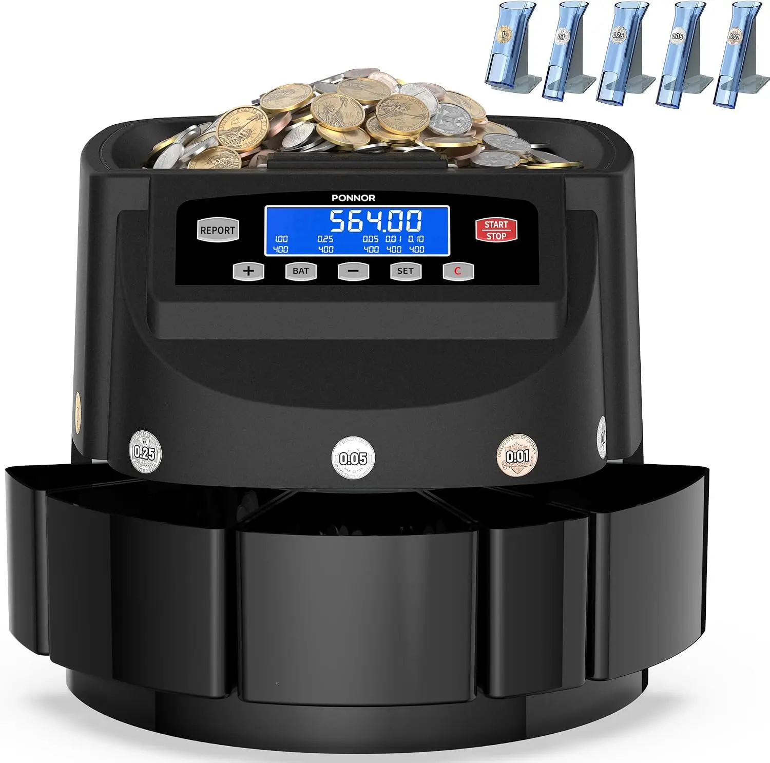 PONNOR US dollar coin sorting machine – 300 Coins/Min with 4 Coin Tubes, Change Tray, Wrapping Rolls, Counterfeit Coin Detector – Retail & Bank Use