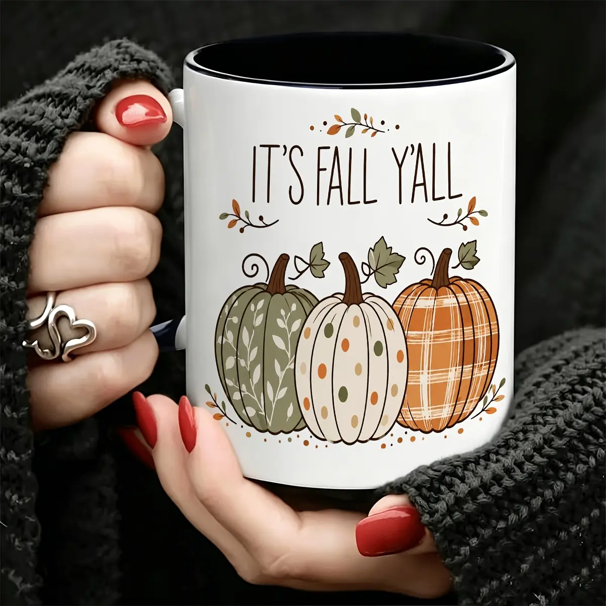 11oz Inner‑Black Ceramic Coffee Mug, It's Fall Y'all, Vintage Plaid Pumpkin Fall Harvest Cup, Autumn Thanksgiving Home Gift