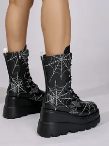 Women's Gothic Platform Boots, Darker Web Boots, Perfect for Rave Parties, Chunky Heel Ankle Combat Boots with Laces and Zipper, Fashion Round Toe, PU Rubber