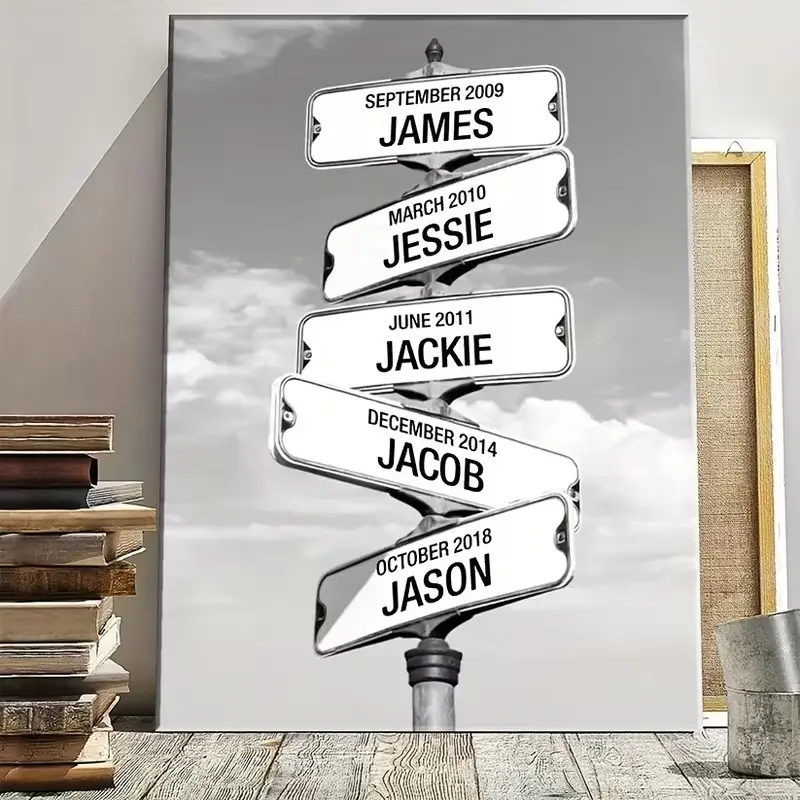 Custom Surname Framed Pine Wooden 2D Flat Street Sign Canvas - 1-9 People Personalized Multiple Names Directional Printing, Lighted House Numbers Signage, Wedding Gift, Living Room-Balcony-Bedroom-Kid Room-Classroom Home Decor, All Seasons