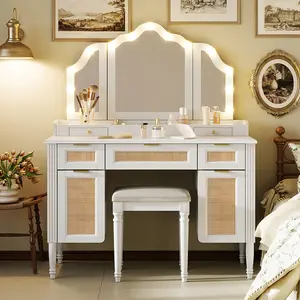 [Bellemave]44.37 " Makeup Vanity Desk with 13 Hollywood Bulbs and 3 Lighting Modes, Dressing Table with Tri-Fold Mirror , Large Vanity Table with 5 Drawers and Shelves and  2  Cabinets for Bedroom, White