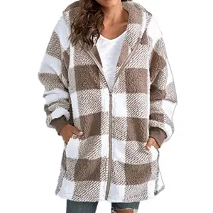 Women's New Plaid Sherpa Hooded Jacket Long-Sleeve Zip & Pocket Loose Outer wear Warm Versatile for Daily & Casual Outings Womenswear Sweatshirts Black Winter Tops（gift）