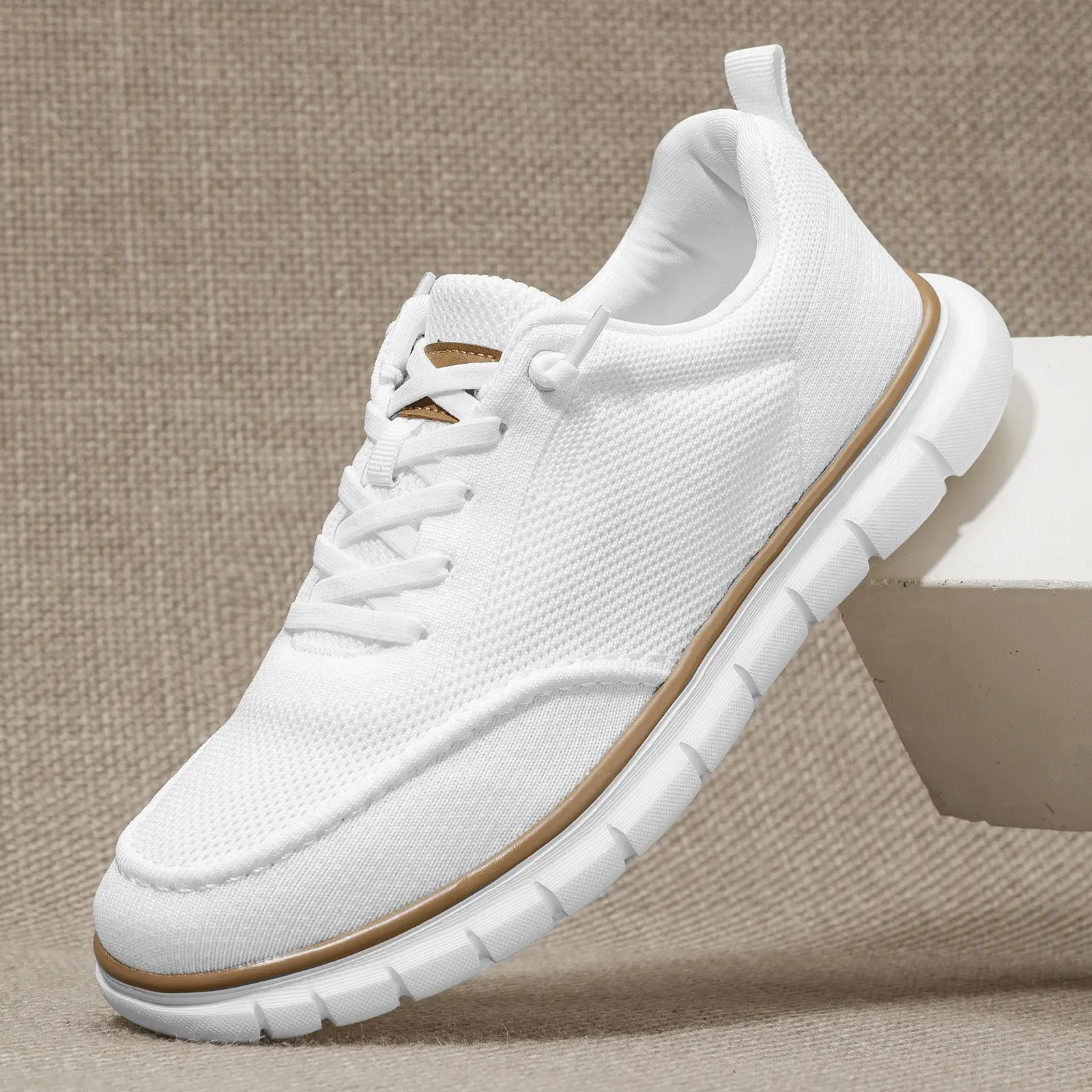 Men's Breathable Mesh Casual Knit Sneakers - Lightweight, Comfortable, Non-Slip Loafers with Brown Accents, All Seasons Male Footwear for Business Travel, Driving (EU39/US6.5, EU40/US7)