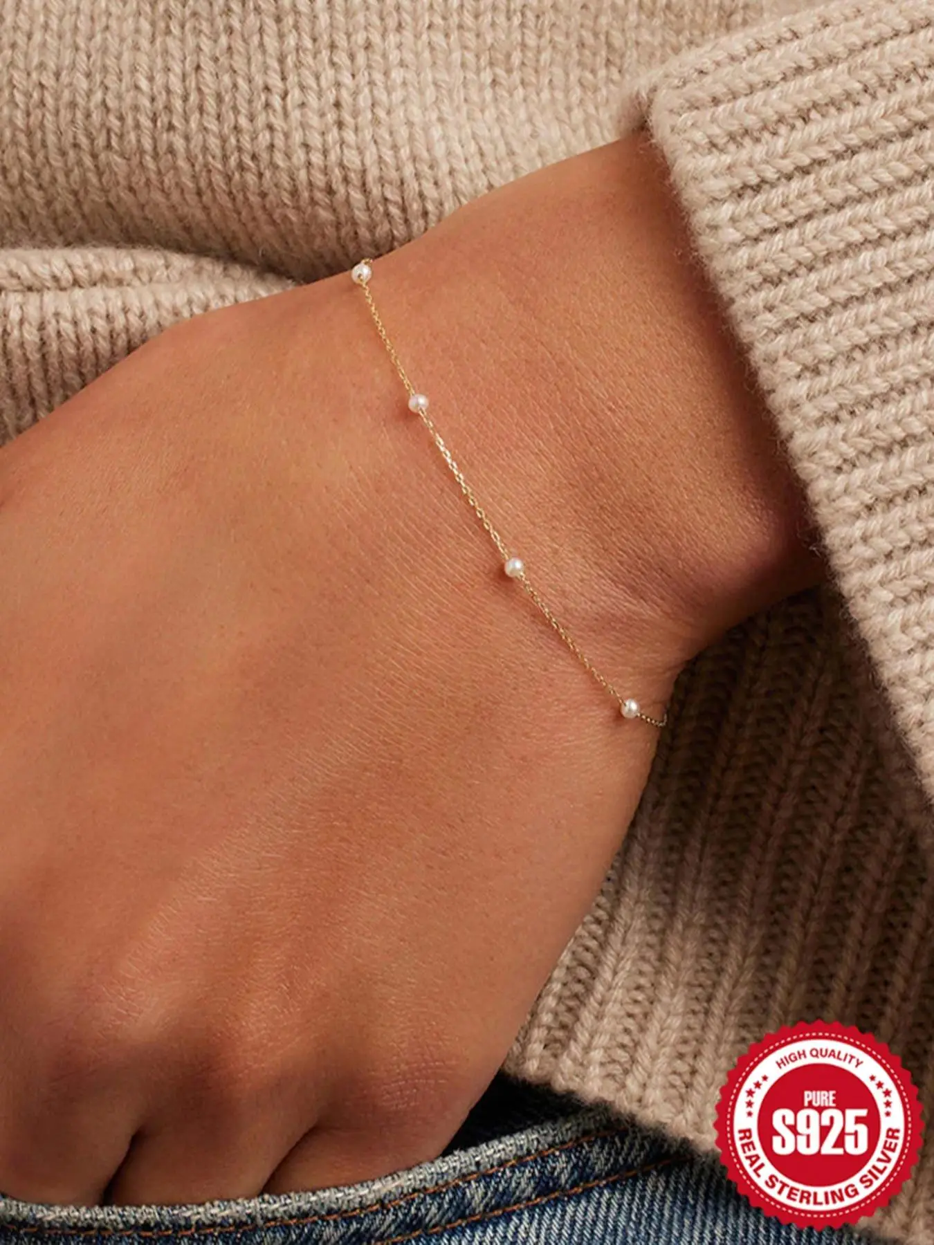 925 Sterling Silver Faux Pearl Decorated Bracelet, Fashionable Adjustable Bracelet for Women for Party, Daily Clothing Decor, Trendy All-match & Exqui