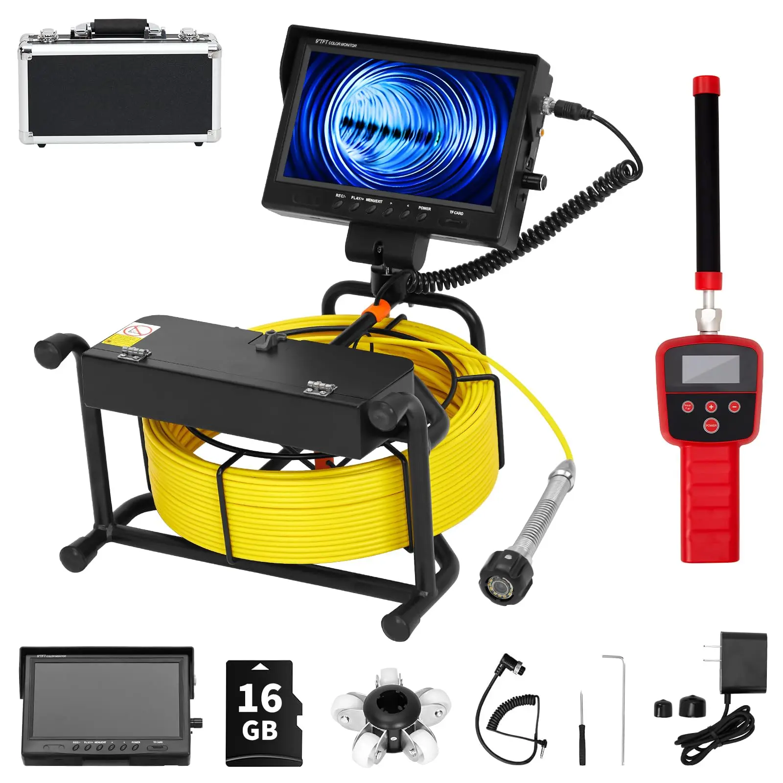 GARVEE Plumbing Camera with 512Hz Locator, 164FT Drain Video Monitor, 9" Borescope, DVR Recorder, Waterproof IP68 Rating, 12 Adjustable LED Lights, 4500mAh Batteries, 16GB SD Card