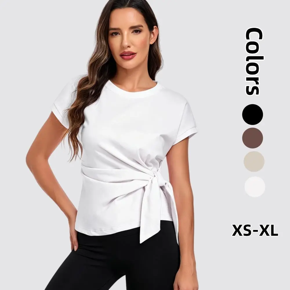 Women's Cotton Spandex Short-Sleeve Sport T-Shirt, Chic Soft Crew Neck Cap Sleeve Tie-Waist Loose Dressy Casual Blouse,back to school,back to school shopping,clothes for back to school,first day of school outfits
