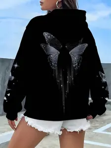 Sweet Cool Dreamy Angel Wings Print Hoodie Sweatshirts for Women, Fall & Winter Casual Fitted Long Sleeve Knit Top, Cartoon Style, Moderate Fabric Thickness