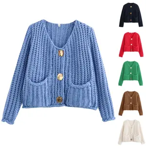 Tanming Women's Chic Fitted Minimalist Basic Cropped Knitwear Cardigan, Long-Sleeve Button-Down Chunky Knitted Top,summerwins