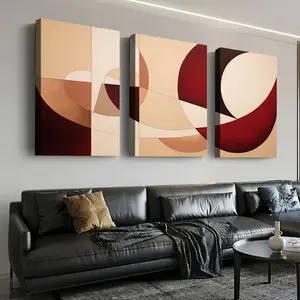 3pcs Canvas print wrapped wood frame painting Abstract shapes in burgundy and beige aesthetic room decor