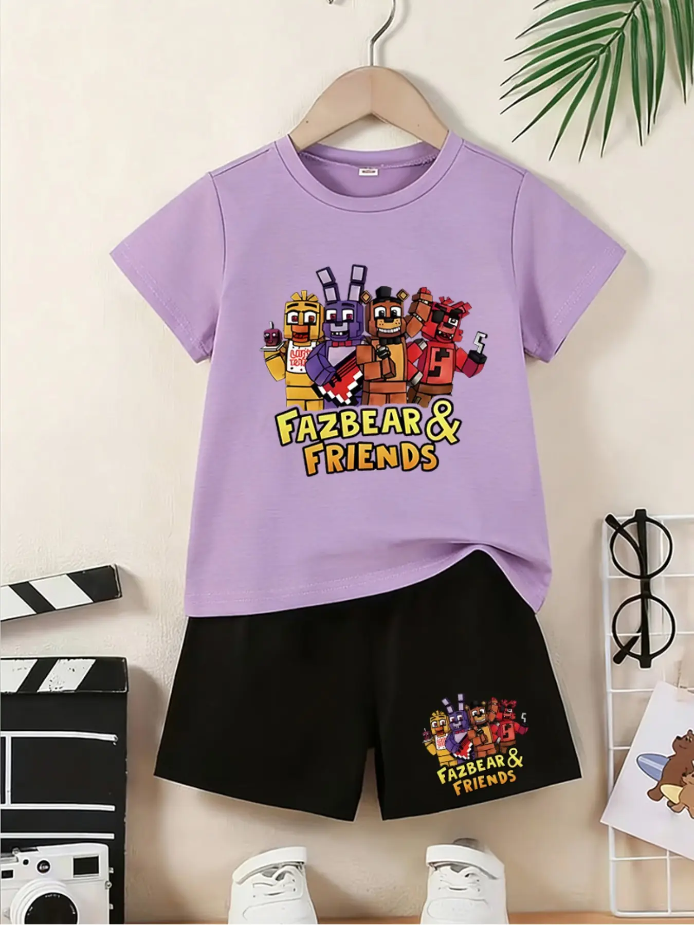 Game Style Fnaf Fazbear & Friends Embroidered Children's Set, Clothes Kids, Summer Design Boys And Girls Short-Sleeved T-Shirts + Shorts 2-Piece Set, Clothing, Comfortable, Casual, Daily Wear, Birthday Gift, School Essentials