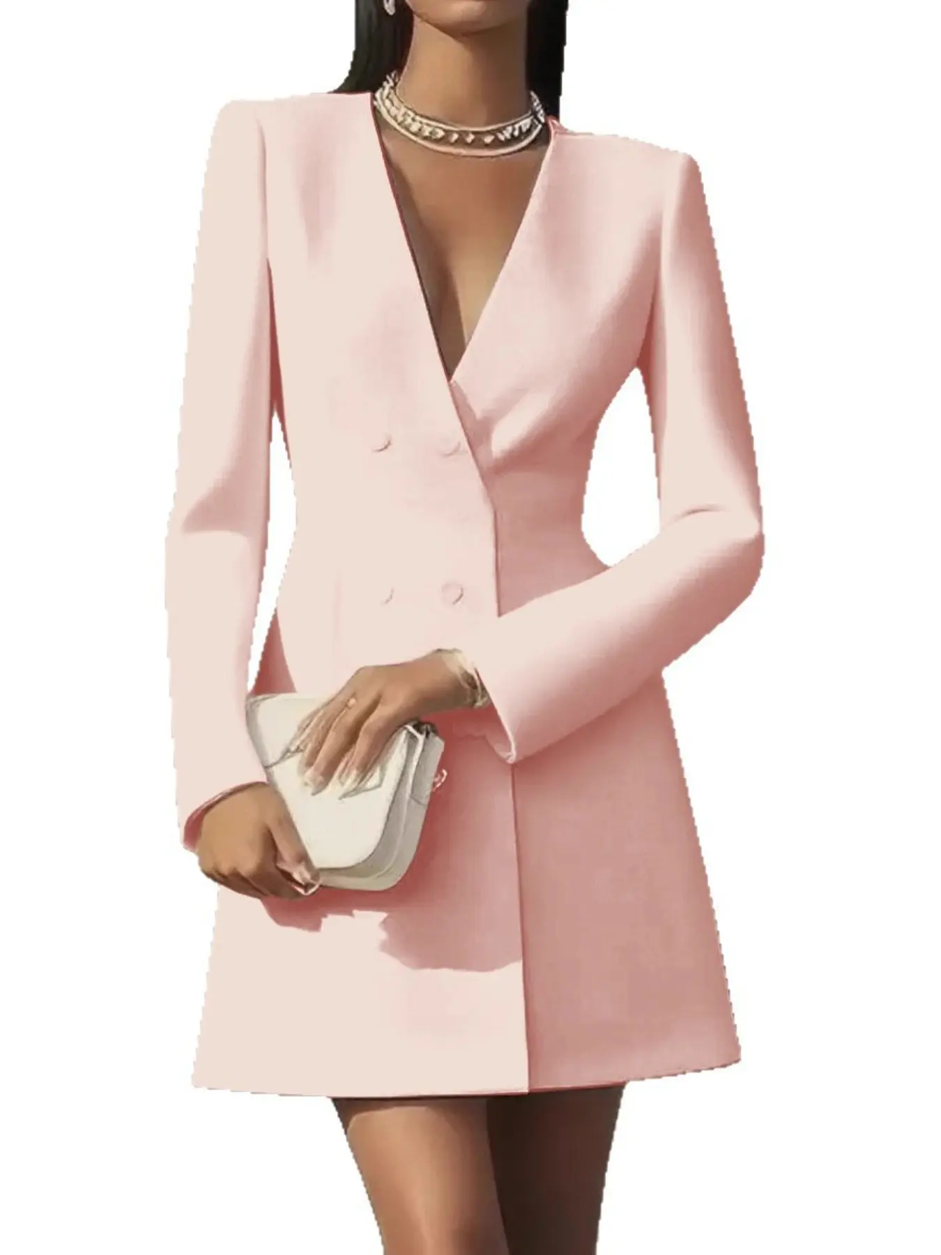 European Style Formal Elegance Chic Spring & Fall V-Neck Suit Dress, Solid Color Long Sleeve Button, French Women's Clothing, Formal Dresses, 4 Colors Available