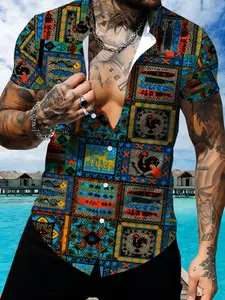 Men's Printed Short Sleeve Shirt, Summer Beach Vacation Loose Casual Shirt, Personality Pattern Trendy Top