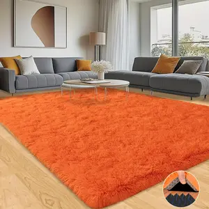 Orange Soft Shaggy Non-Slip Rugs for Living Room/Bedroom/Nursery – Luxury Plush Carpet with 4 Rug Stickers, Ideal Room Decor Rug