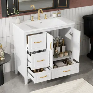 Christopher Knight Home ® 36 inch Bathroom Vanity with Sink, One Cabinet with Soft-closing Doors, 4 Soft-Closing Drawers, Metal Handles, White RR