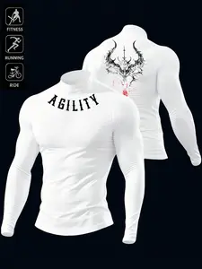 Men's Sporty Tight Fit Long Sleeve Top, Athletic Apparel, Agility Letter Print Front, Back Totem Pattern, Ideal for Gym Running Cycling