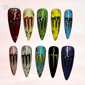 Handmade Monster Energy Inspired Press On Nails, Colorful Drip Art, Y2K Grunge, Alt Punk, Goth Fake Nails