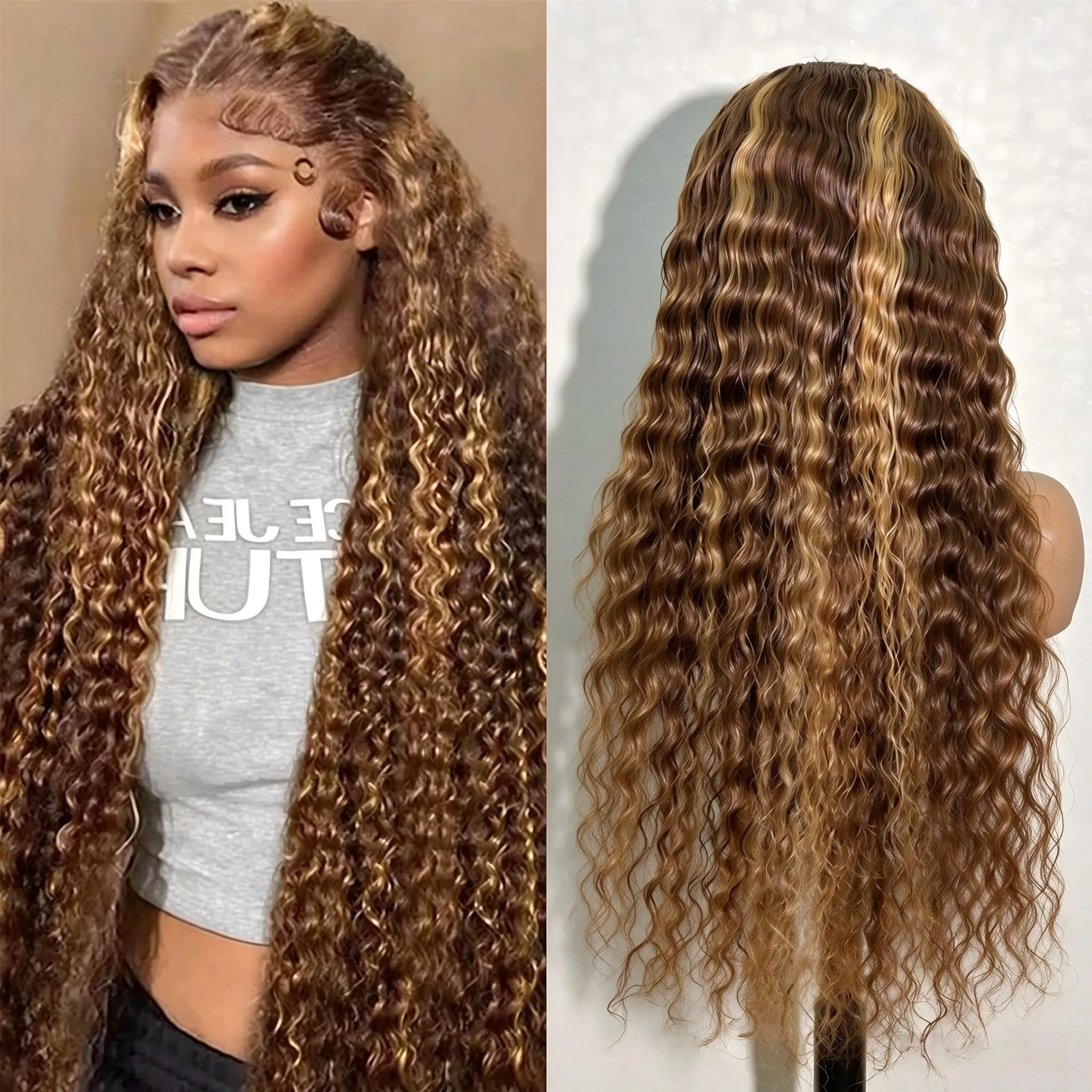 DROSUUD Honey Blonde Wig Human Hair 4/27 Highlight 13x6 HD Transparent Lace Deep Wave Lace Front Wigs Human Hair 30 inch Pre Plucked 180% Density Ombre Lace Front Wig Human Hair