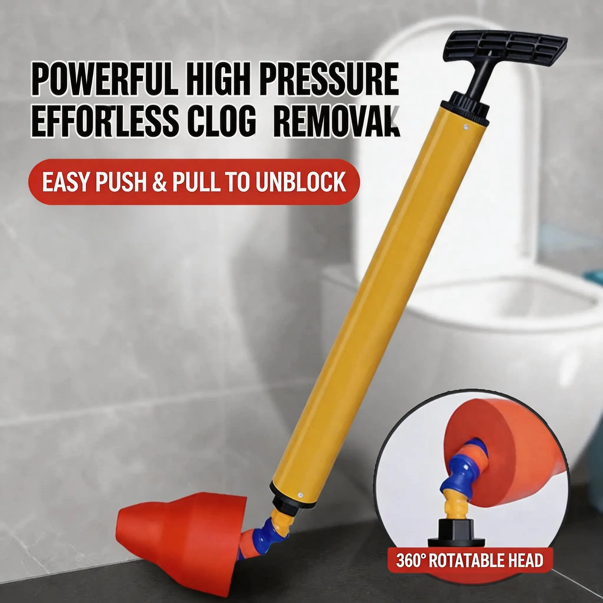 Toilet Plunger High Pressure Drain Unblocker, Easy Use Reusable Clog Remover for Toilets, Sinks, Shower Drains-B