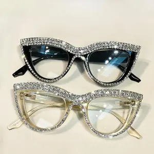 2-Pack Cat Eye Blue Light Glasses with Rhinestones Full-Frame PC Lenses for Women Black & Clear Decorative Eyewear Full Rim Frame