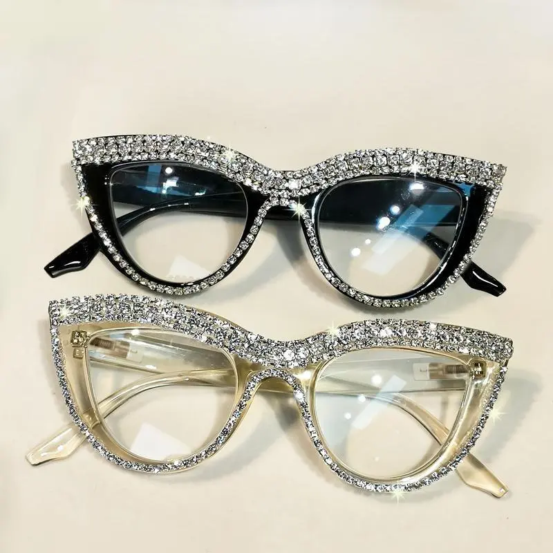 2-Pack Cat Eye Blue Light Glasses with Rhinestones Full-Frame PC Lenses for Women Black & Clear Decorative Eyewear Full Rim Frame