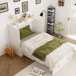 FUFU&GAGA Twin Murphy Bed w/ Built-In Charging Station, 2-in-1 Cabinet Bed & Chest, Large Storage Drawer, Space-Saving Foldable for Bedroom/Office