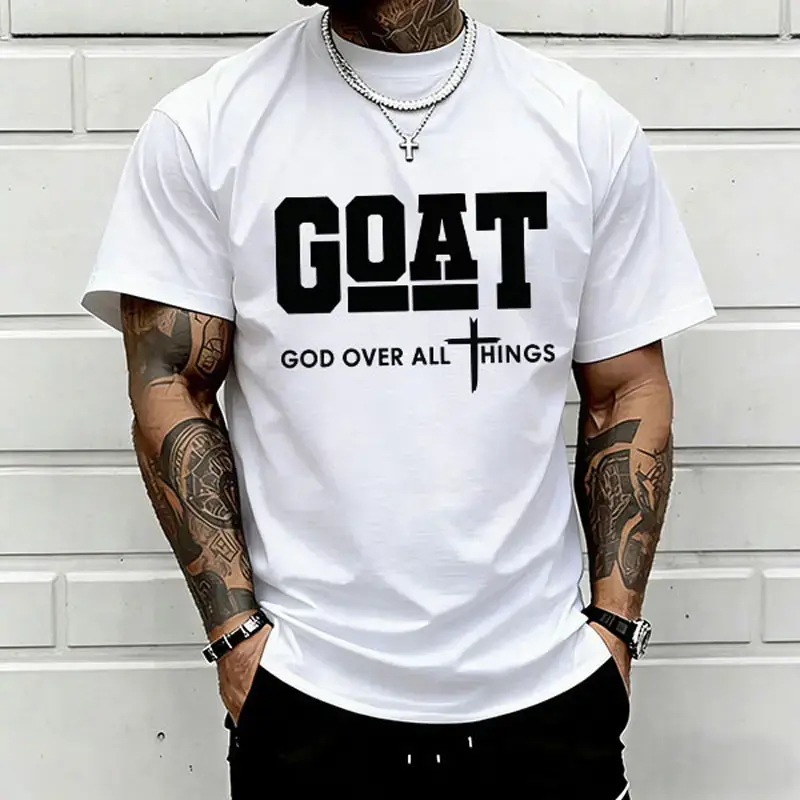 Men's "God Over All" Graphic Print T-Shirt, 100% Cotton Crew Neck (Round Neck), Breathable Loose Short-Sleeve Urban Faith Streetwear, Casual Christian Top for Everyday Outdoor Wear, TikTok Shop Spring Glow Up Menswear, Pure Cotton T-Shirts