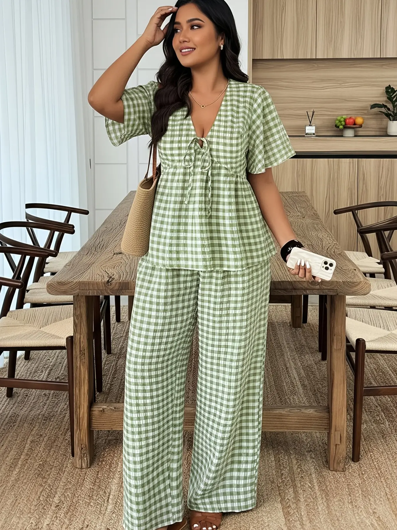 Women's Plus Size Two-Piece Set, Outfit, Matching Summer New European Style, Elegant Casual, Plaid Check Gingham Tie Short Sleeve Blouse Shirt and Wide Leg Pants