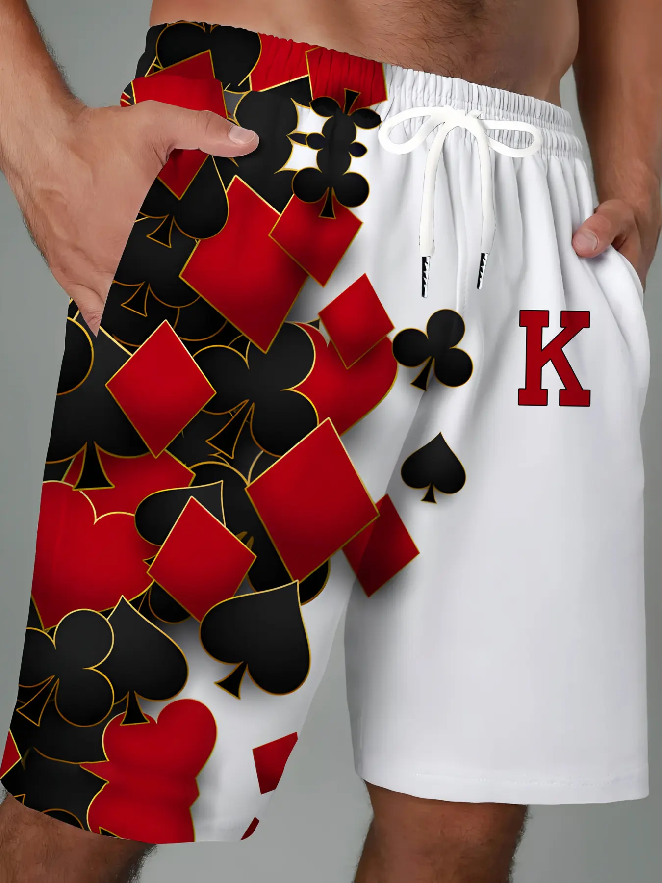 beach shorts, Swimming shorts, Swimwear shorts, Swimsuit shorts for big-sized and tall men, featuring red and black diamond pattern, made of breathable quick-drying fabric, with elastic waistband and side pockets, Perfect for summer poolside outdoor act