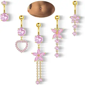 Trendy 14G Belly Button Piercing Rings for Women  Surgical Stainless Steel with Cute CZ Flower Butterfly and Heart Designs Dangle Navel Piercing Jewelry
