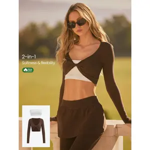 GLOWMODE Everyday Terry Tiny Twist Soft Breathable Sweat-Wicking Crop Length Built-In Coverage Thumbholes Contrasting Design Front Twist 2-Piece Set Yoga Pilates Studio Daily Active Wear