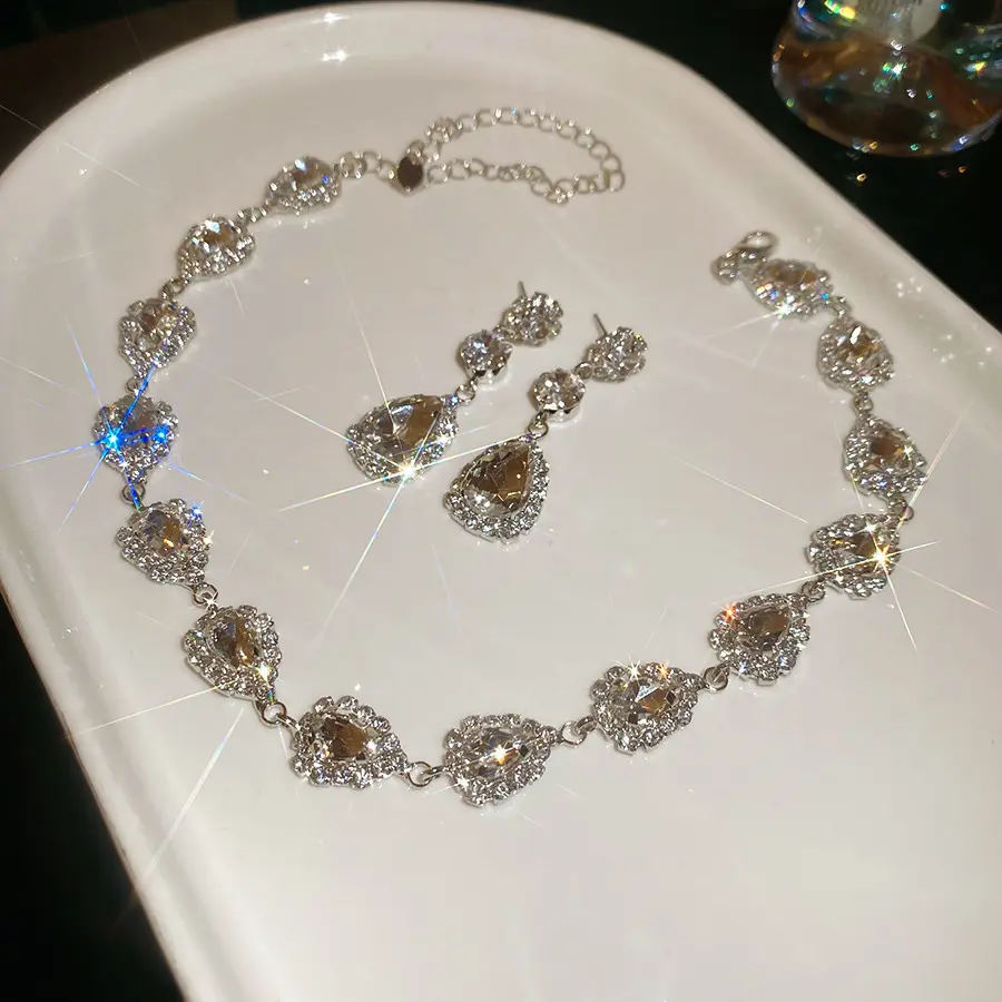 XL-A08-Luxury Champagne Crystal Bridal Jewelry Set | High-Polished Platinum Tone Necklace & Drop Earrings | Sparkling Prom & Wedding Accessories for Women