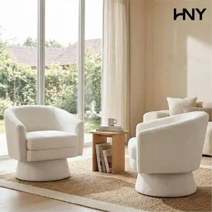 【Summer Wins】HNY Modern Swivel Accent Chairs (Set of 1) – White Boucle Sherpa Round Back Barrel Armchairs for Living Room, Bedroom, Vanity, Lounge & Reading summerwins
