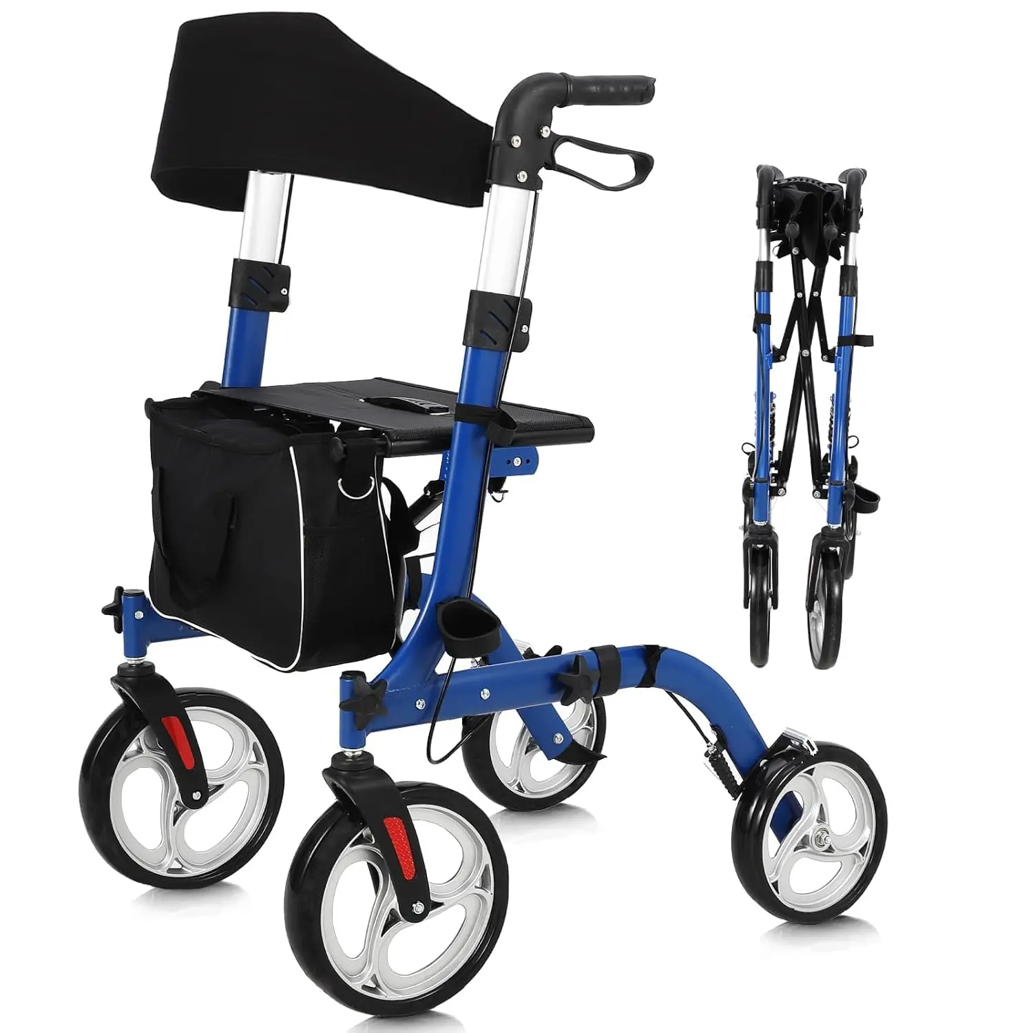 Elderly Walking Aid with Seats, 3-in-1 Walking Wheelchair Combination, with 8" Anti-slip Wheels, Reversible Backrest, Rollator Walker & Transport Chair