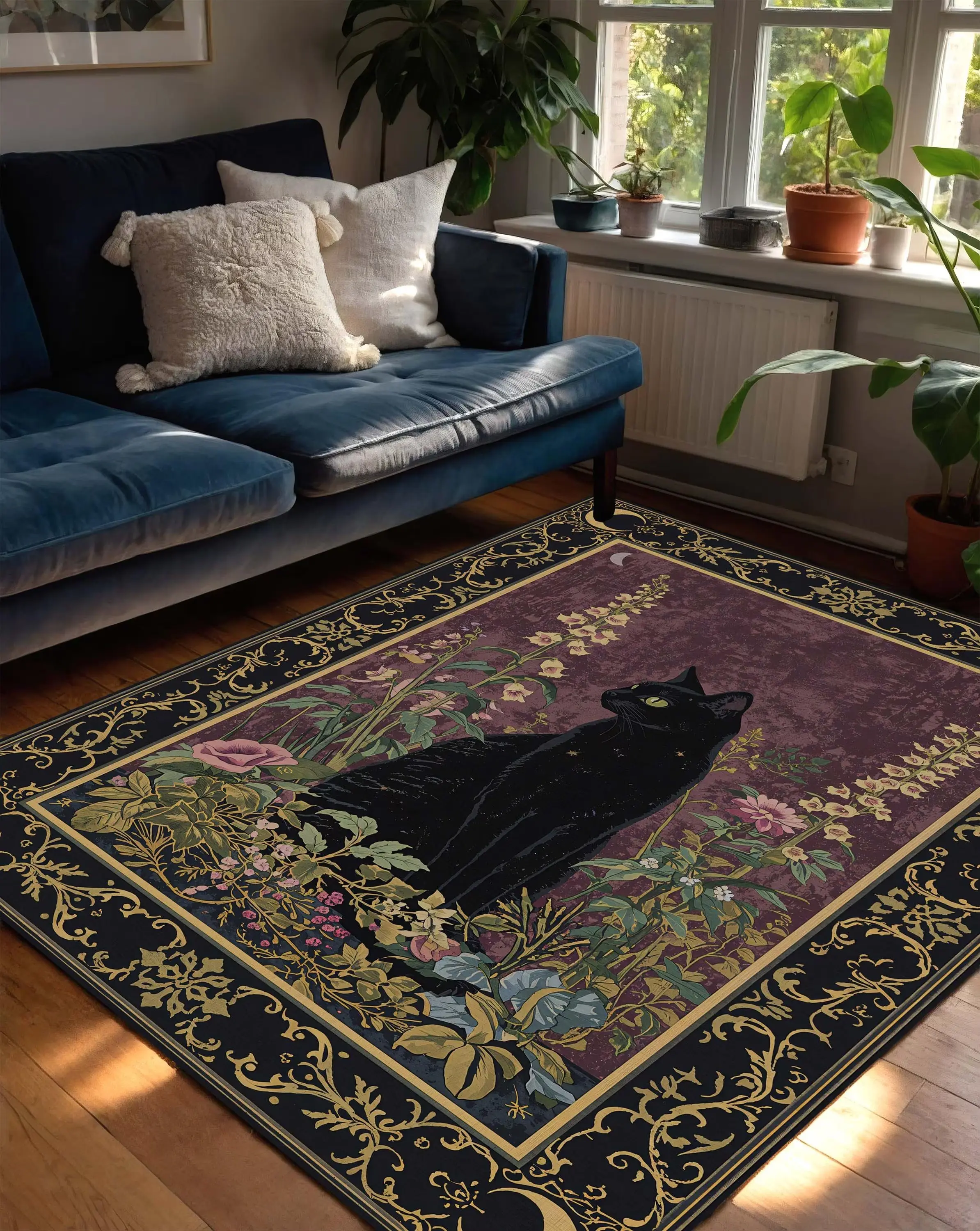 Black Cat Floral Rug, Witchy Celestial Area Rug, Gothic Botanical Decor, Moon Phase Carpet, Vintage Art Nouveau Mat for Living Room Bedroom