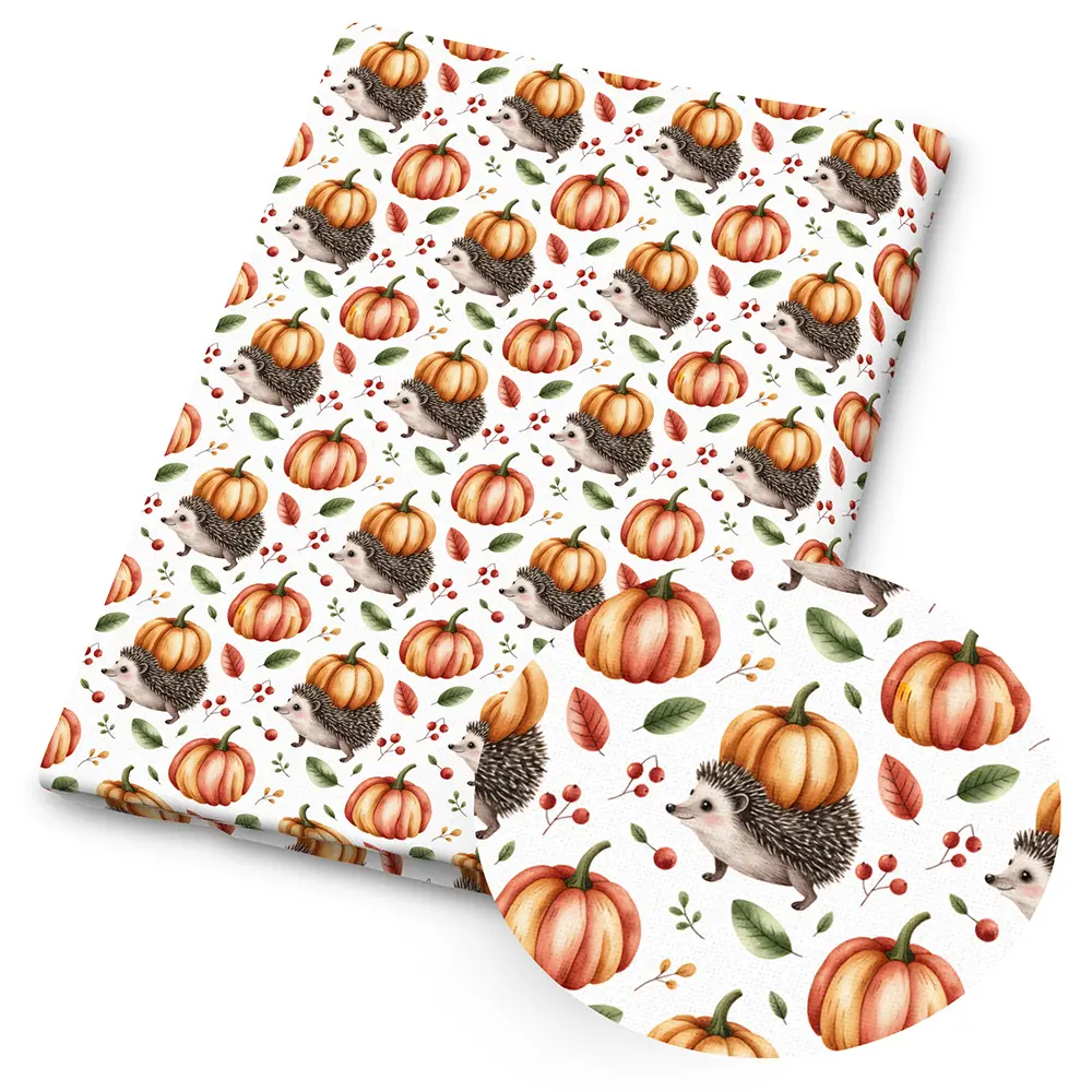 1 piece of hedgehog and pumpkin print fabric – 59 x 19.68 inches (150 x 50 cm), pre-cut polyester fabric featuring a print of autumn leaves and flowers – ideal for DIY sewing, scrapbooking, tablecloths and craft projects