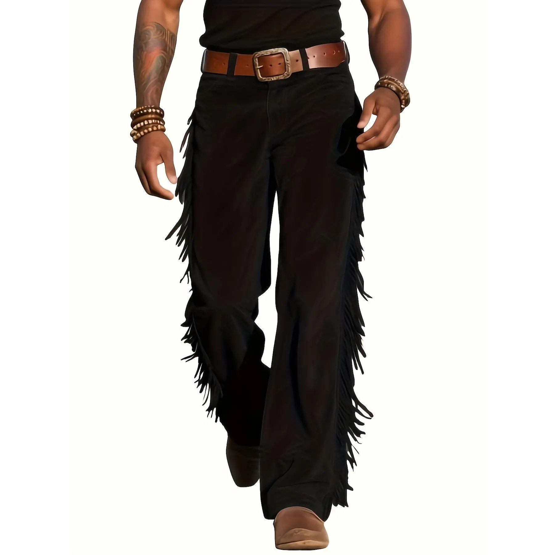 Men's Tassel Fringe Western Knitting Pants - 90s Straight Style, Retro Loose-Fit Stretch Fabric, Regular Size Casual Trousers