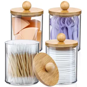 4 Pack Qtip Holder Dispenser with Bamboo Lids - 10 oz Clear Plastic Apothecary Jar Containers for Vanity Makeup Organizer Storage - Bathroom Accessories Set for Cotton Swab, Ball, Pads, Floss Bottles Round